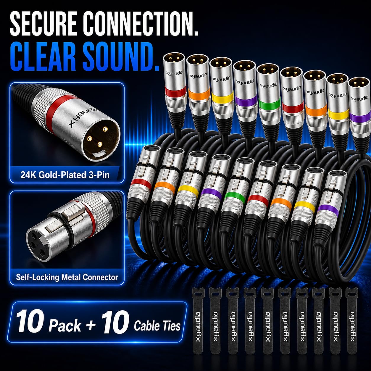 xyaudio Balanced XLR Cable, 20ft 10 Packs, 3 Pin Male to Female Microphone Cable, XLR to XLR Mic Cable for Speaker or PA System, PVC Jacket