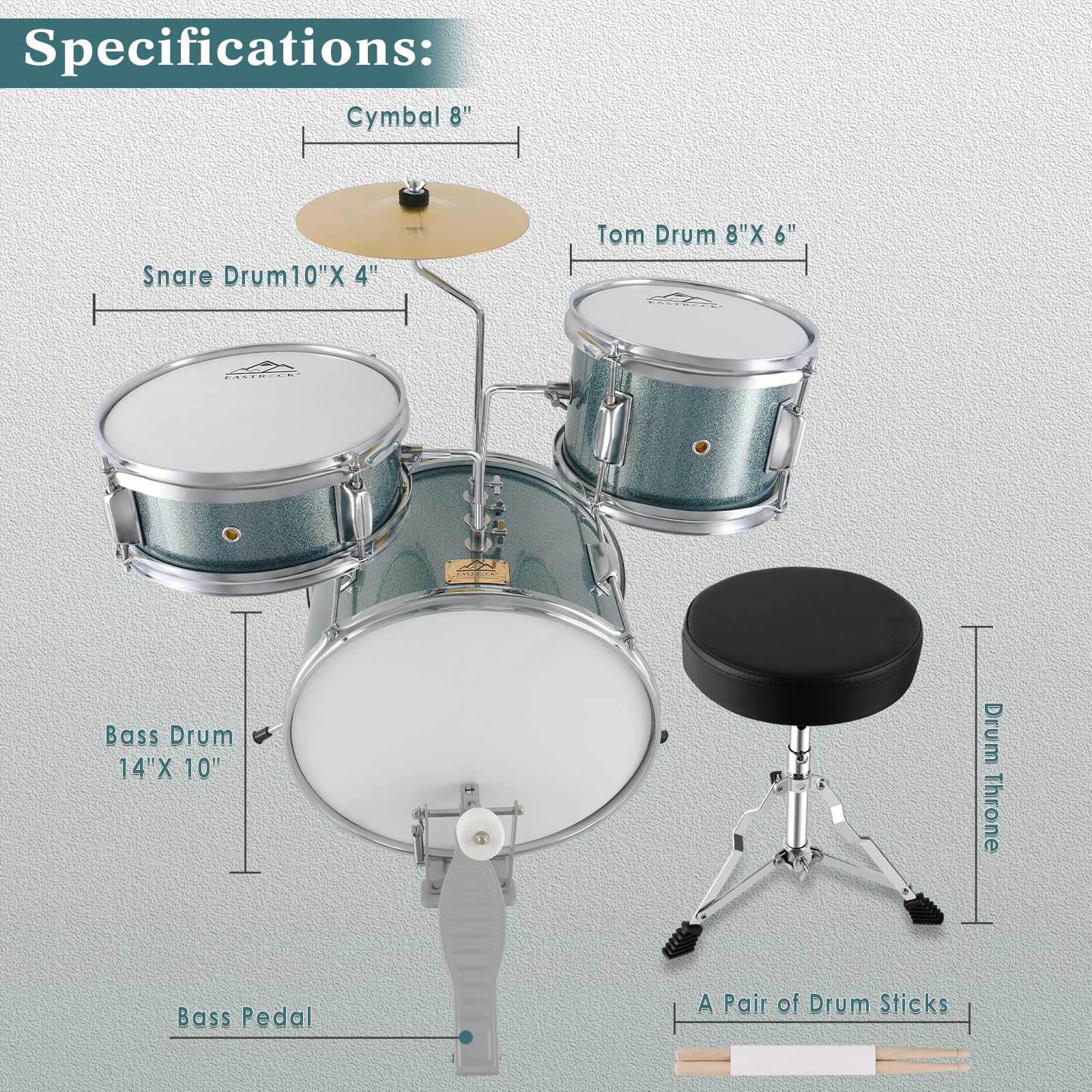 EASTROCK 3 Piece 14” Junior Drum sets for Drummer,Blue-black