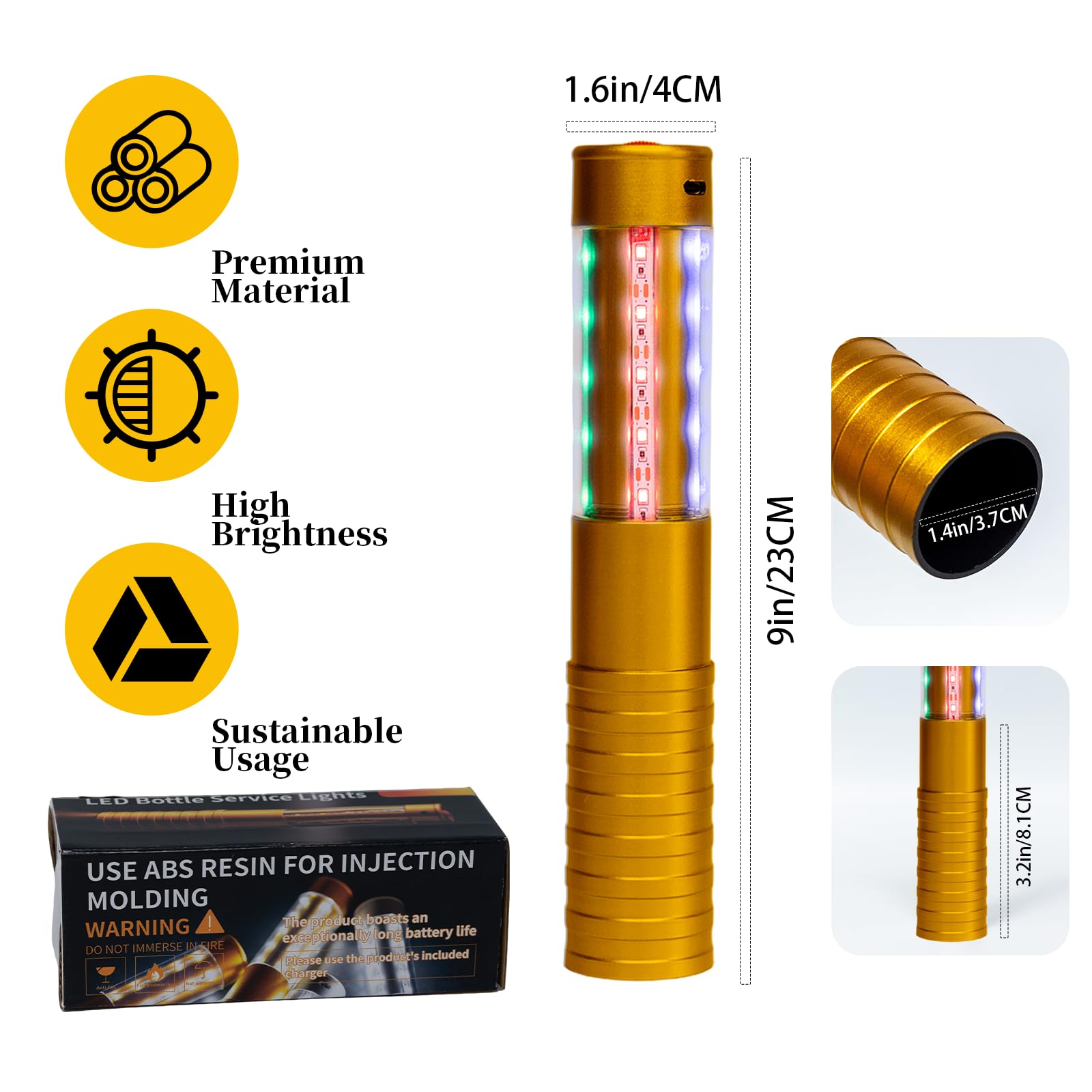 Strobe Bottle Girl Lights LED Bottle Service Lights Baton Reusable Rechargeable Service LED Champagne 2 Pcs for Bar Club Birthday Weddings Parties (Gold PC-Abs Colored Light 2Pcs)