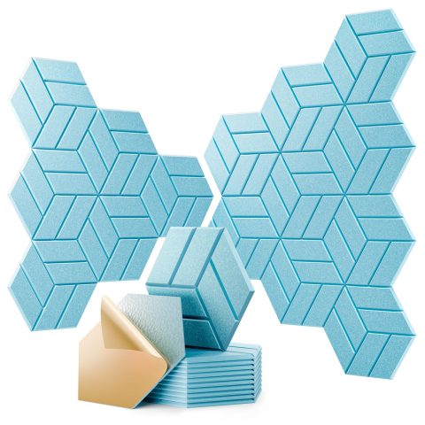 OTUOER 12Pcs Acoustic Panels with Self-adhesive, 12″X 10″X 0.4″ Sound Proof Foam Panels for Walls, Hexagonal Soundproof Wall Panels High Density, Sound Panels for Home Studio Office (Light Blue)