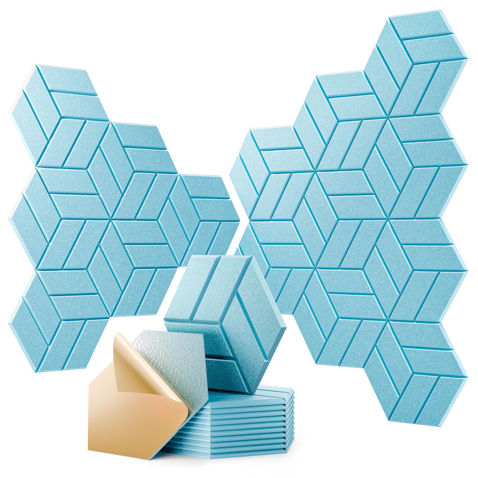 OTUOER 12Pcs Acoustic Panels with Self-adhesive, 12″X 10″X 0.4″ Sound Proof Foam Panels for Walls, Hexagonal Soundproof Wall Panels High Density, Sound Panels for Home Studio Office (Light Blue)