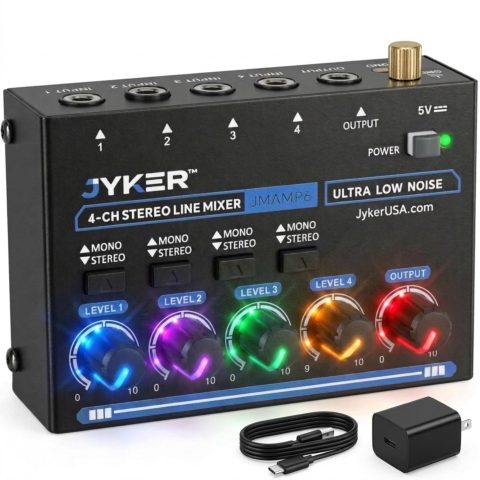 Jyker 4 Channel Stereo Line Mixer, Compact Audio Mixer TS/TRS Line Level Sources, Mono/Stereo Switch, Independent Level Controls, USB-C Powered Low Noise Mixer for Studio, Live, Rehearsal – JMAMP6