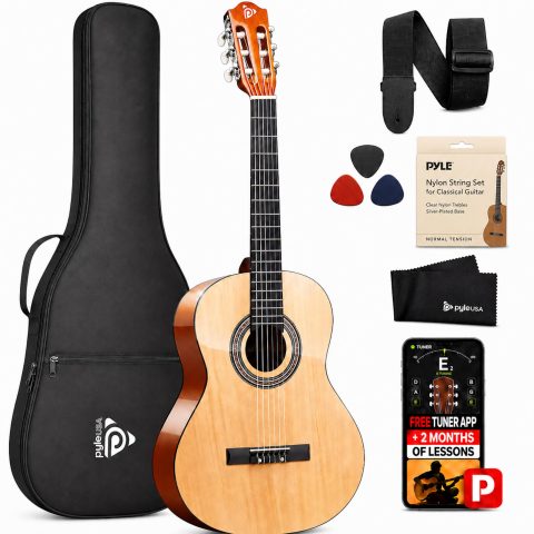 Pyle Beginner Acoustic Guitar Kit, 4/4 Full Size All Wood Instrument with Full Accessory Kit, Picks, Shoulder Strap, Carry Case, Cleaning Cloth, Tuner App, 2 Month Lessons, 39” (Natural, Gloss)