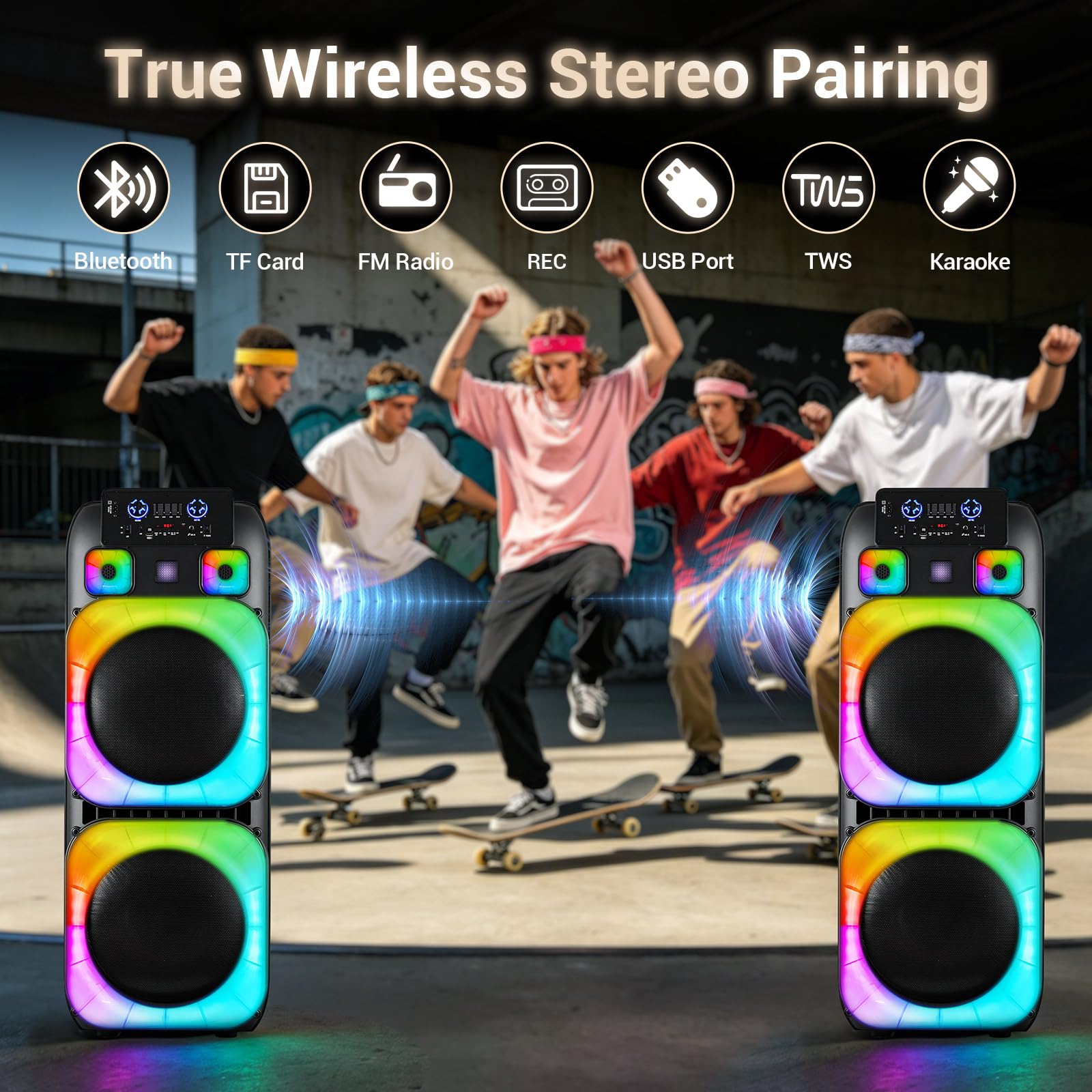 ROXAAN Dual 15″ Party Bluetooth Speaker with 7-Color LED Lights, FM Radio