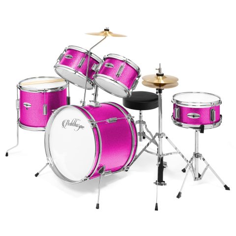 Ashthorpe 5-Piece Complete Kids Drum Set with Genuine Brass Cymbals – Junior Beginner Kit with 16″ Bass, Throne, Hi-Hats, Pedals & Drumsticks – Pink