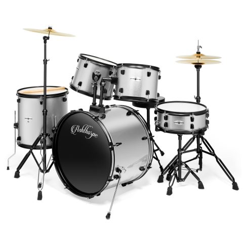 Ashthorpe 5-Piece Complete Full Size Adult Drum Set with Remo Batter Heads – Silver