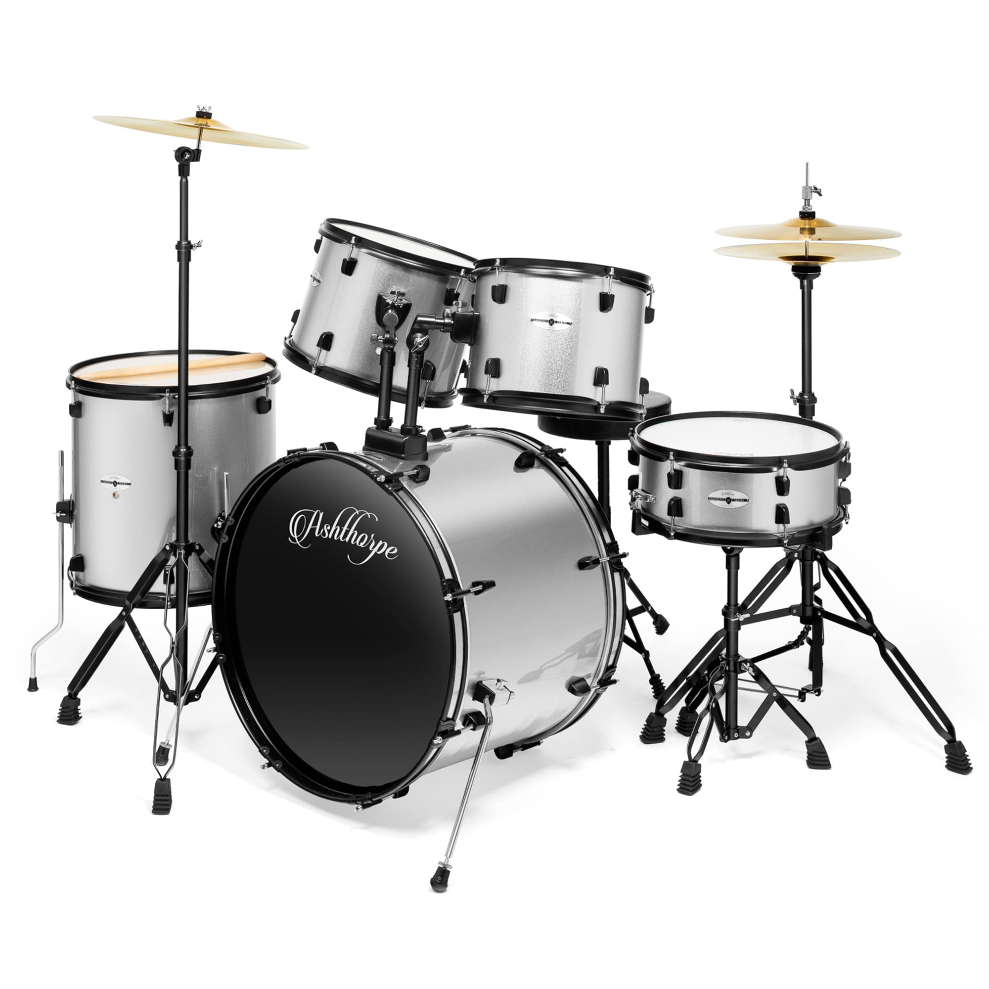 Ashthorpe 5-Piece Complete Full Size Adult Drum Set with Remo Batter Heads – Silver