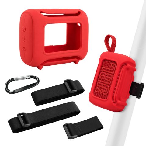 (5 in 1) Orzero Silicone Cover Compatible for JBL Go 5 Bluetooth Speaker, Built-in Charging Port Dust Plug, 22cm/50cm/80cm Straps & Carabiner for Golf Carts Camping Hiking – Red