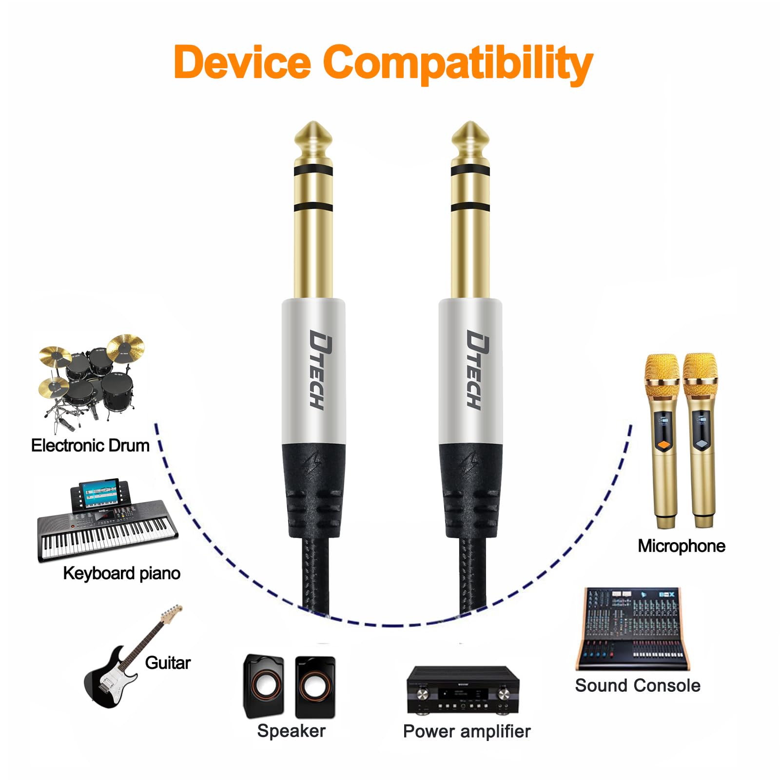 DTECH 3ft Electric Guitar Cable TRS 1/4 Instrument Cord Aux Balanced Stereo Jack Quarter Inch 6.35mm for DJ Speakers Amplifier Bass Studio Audio Monitor Mixer