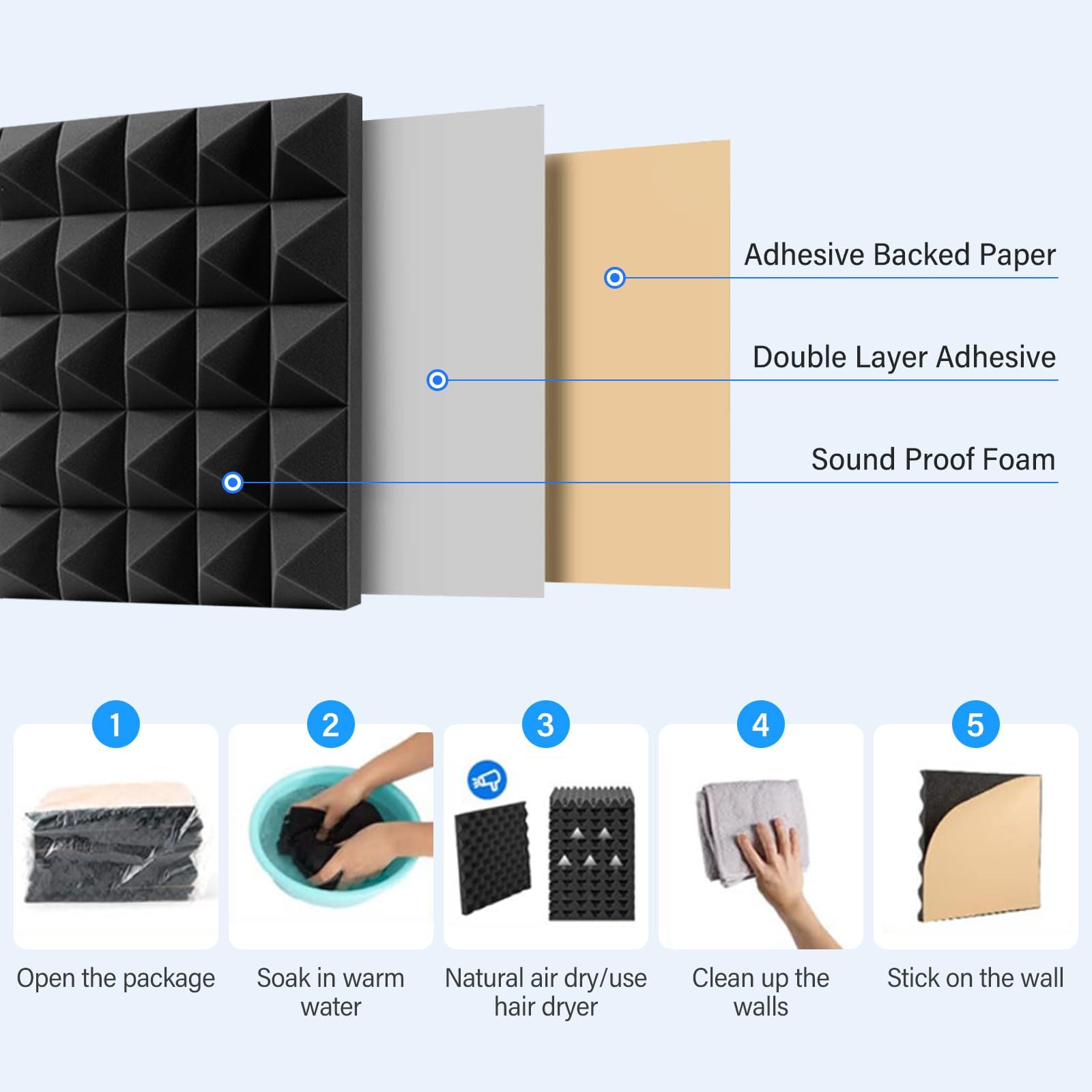 Pyramid Sound Proof Foam Panels 12 Pack, Bwaliffury High Density Self-Adhesive Sound Absorbing, 12″ X 12″ X 2″ Fire Resistant Acoustic Foam Panels, Sound Panels, Studio Foam for Wall, Ceiling (Black)