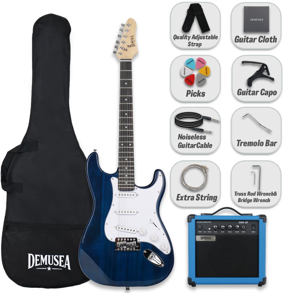Trans Blue Electric Guitar With 20W Amplifier Set SSS Pickup Single Tremolo Solid Wood Build Starter Practice Bundle Kit(ST, Trans Blue)