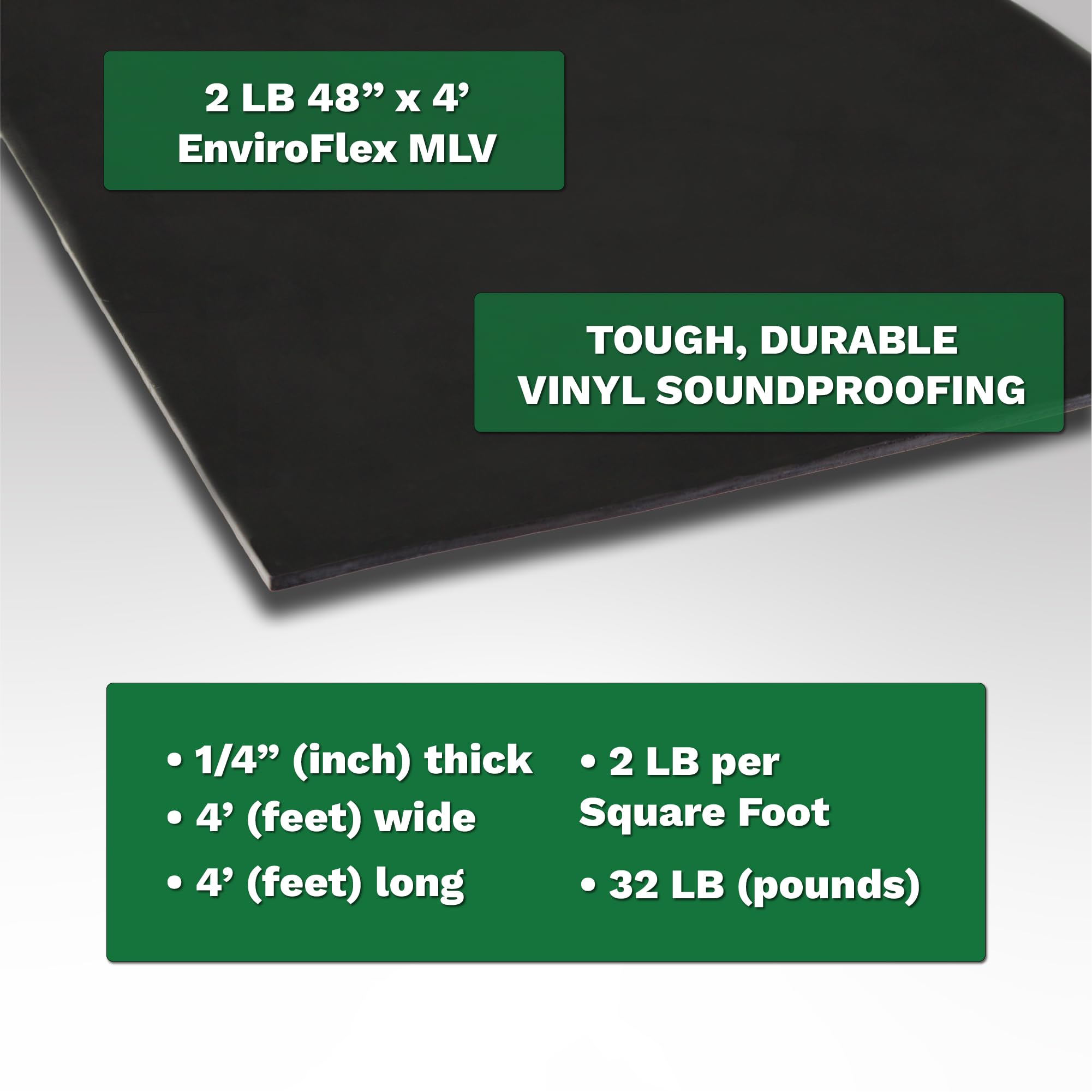 EnviroFlex 2 LB Mass Loaded Vinyl 4’x12’ (48 SF) – MLV Soundproofing Barrier for Walls, Ceilings, Vehicles – 32 STC Rating – Flexible Noise Blocker Roll – Easy to Cut & Install – Multiple Options