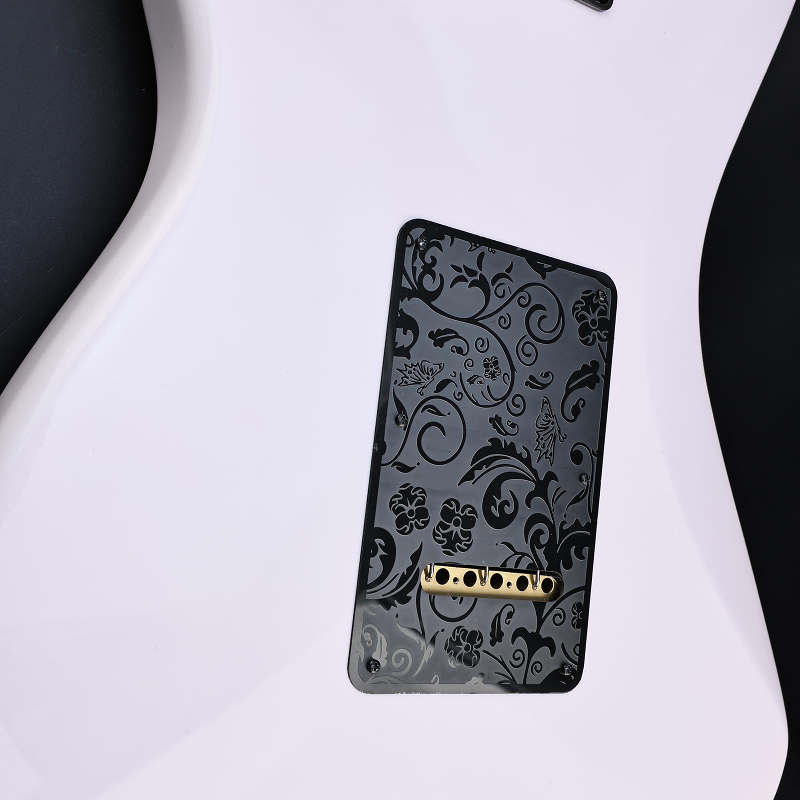 OVSAL Stainless Steel Guitar Back Plate 6 holes Engraved Metal Trem Tremolo Cover Electric Guitar Back Cover Plate Compatible with USA/Mexican Standard FD Strat ST Replacement Parts (Black)