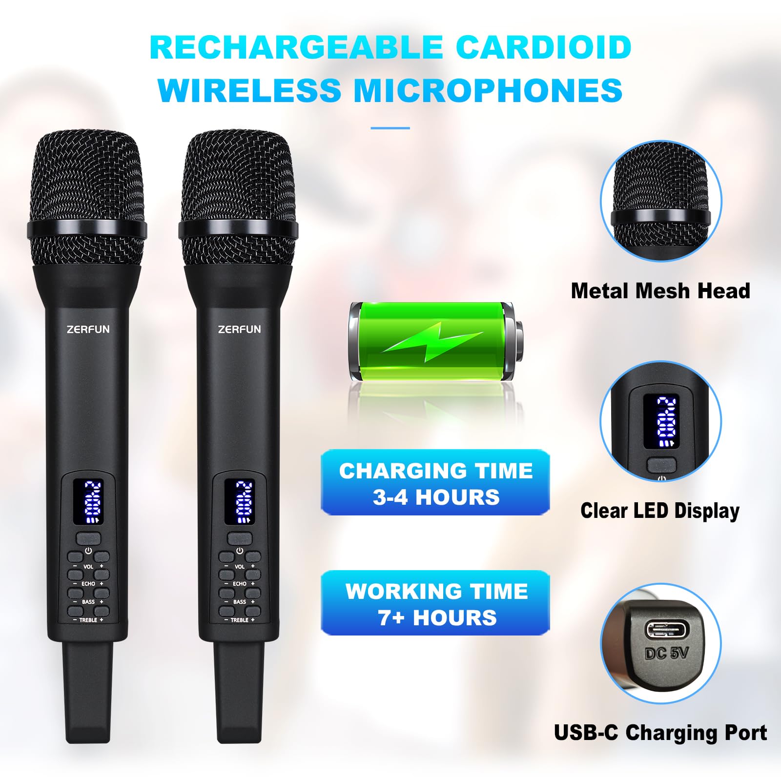 ZERFUN Dual Rechargeable Wireless Microphones, Black
