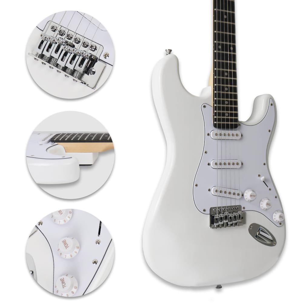 Demusea Pure White Electric Guitar Kit With 20W Amplifier SSS Pickup Single Tremolo Maple Neck Practice For Beginner (ST, White)