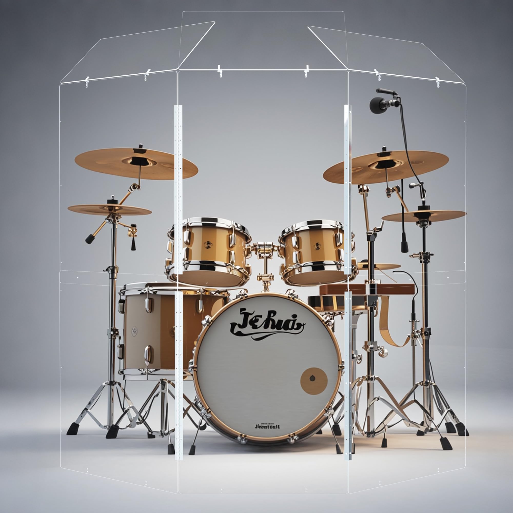 Portable Drum Shield | 5 Panels 2ft x 5ft w/Deflectors | Converts to 2ft x 6ft | Factory-Installed Full-Length Stainless Steel Hinges | Acrylic drum Sound Barrier (5 Panels w/Deflectors)