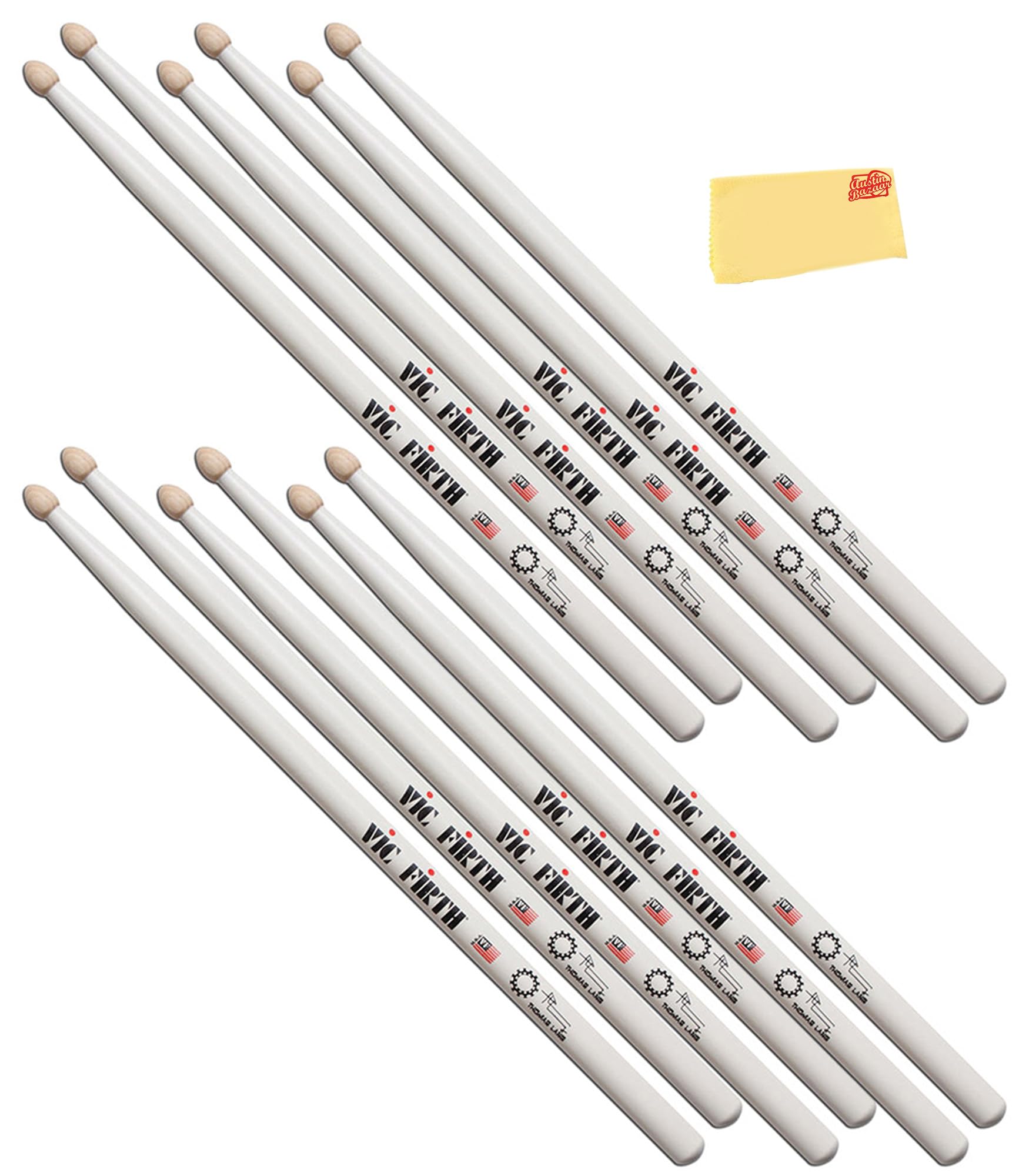 Vic Firth Signature Series Thomas Lang Drumsticks – 6‑Pack Bundle with Austin Bazaar Polishing Cloth