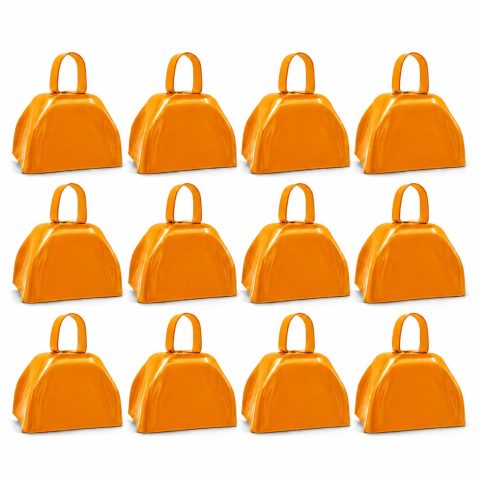 The Dreidel Company Orange Metal Cowbell Noisemaker Cheering Bell, New Years, School Classroom, Wedding Bells & Chimes Percussion Musical Instruments Call Bell Alarm, 3″ (12-Pack)