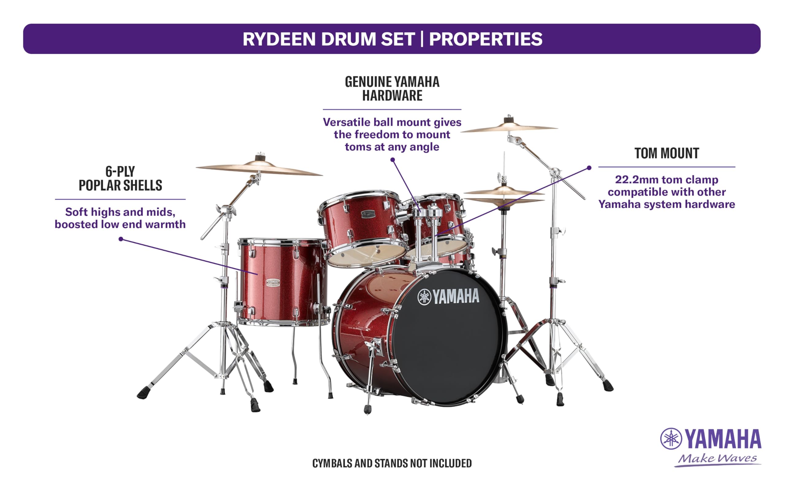 Yamaha RDP2F5BGG Rydeen 5pc Shell Pack with 22″ Bass Drum, Burgundy Glitter