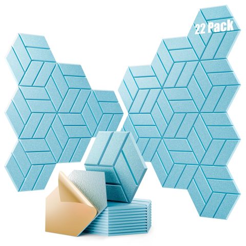 OTUOER 22Pcs Acoustic Panels with Self-adhesive, 12″X 10″X 0.4″ Sound Proof Foam Panels for Walls, Hexagonal Soundproof Wall Panels High Density, Sound Panels for Home Studio Office (Light Blue)