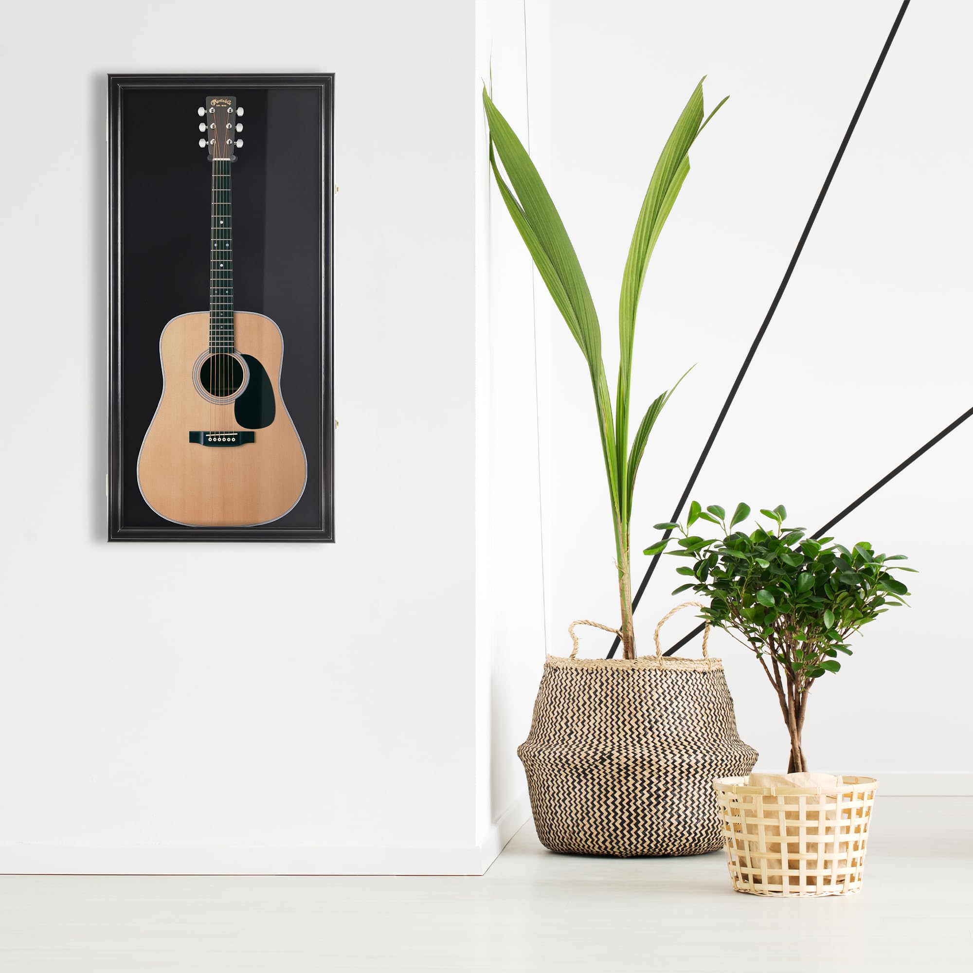 DisplayGifts 45″ Acoustic Guitar Display Case Cabinet Shadow Box with Guitar Hanger Stand, Lockable 98% UV Protection Black Felt Interior Black Finish Frame