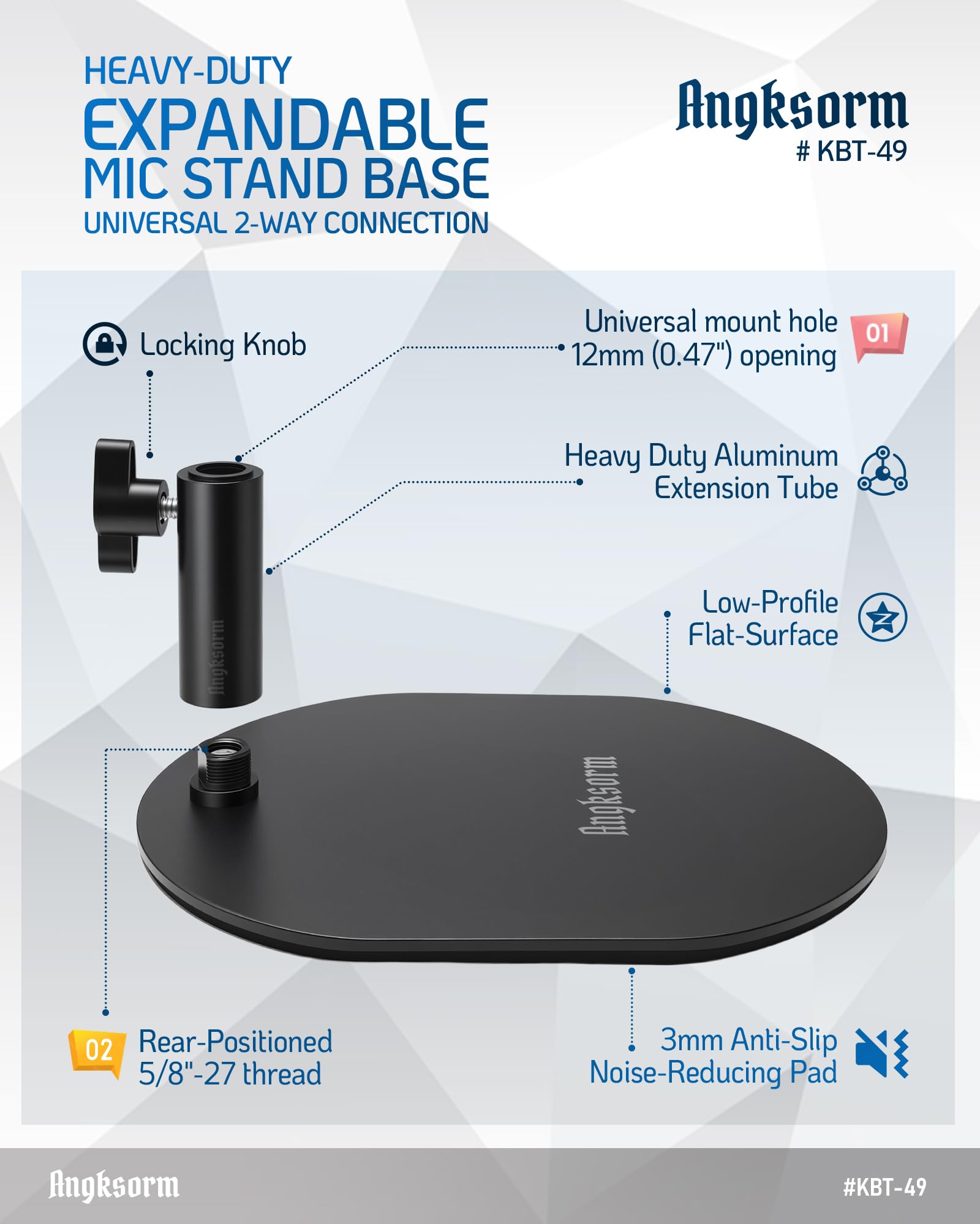 Low Profile Mic Stand Base, Weighted Desk Mount, 12mm Socket, 5/8-27 Thread