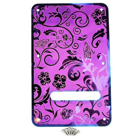 OVSAL Stainless Steel Guitar Back Plate 6 holes Engraved Metal Trem Tremolo Cover Electric Guitar Back Cover Plate Compatible with USA/Mexican Standard FD Strat ST Replacement Parts (Purple)