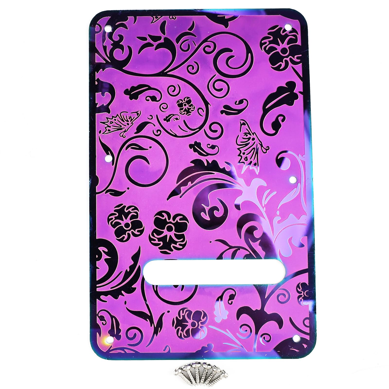 OVSAL Stainless Steel Guitar Back Plate 6 holes Engraved Metal Trem Tremolo Cover Electric Guitar Back Cover Plate Compatible with USA/Mexican Standard FD Strat ST Replacement Parts (Purple)
