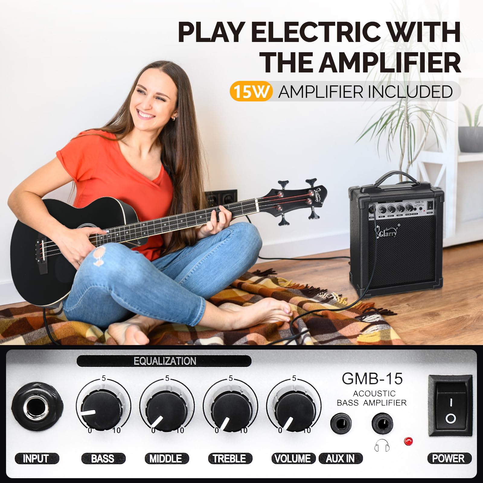 GLARRY Full Size Acoustic Electric Bass Guitar Beginner Kit w/ 15W Amp, Cutaway 4 Strings Electric Acoustic Bass Guitar w/Inbuilt Tuner, Bag, Strap, Picks, Strings, Bass Guitarra,Matte Black