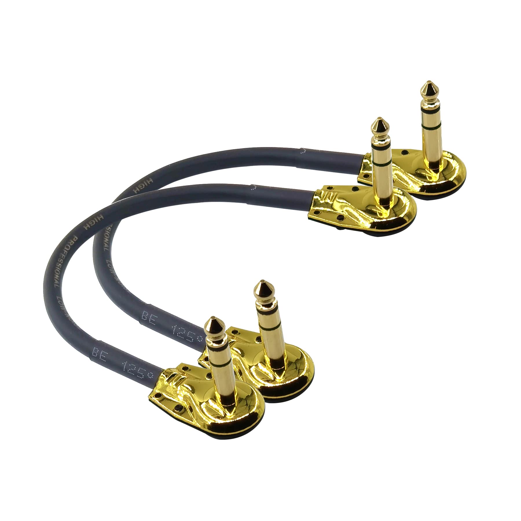 WJSTN 1/4 inch Right Angle TRS Stereo Dual Channel Guitar Flat Patch Cable Low Profile Pancake Design 2 Pack (4 inches)