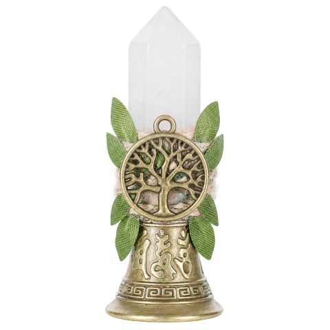 RENEMEGO White Crystal Hand Bell, Vintage Brass Witch Bell for Energy Cleansing, Witchcraft Altar Supplies with Tree of Life Decoration for Meditation Wiccan Ritual Spiritual Home Decor
