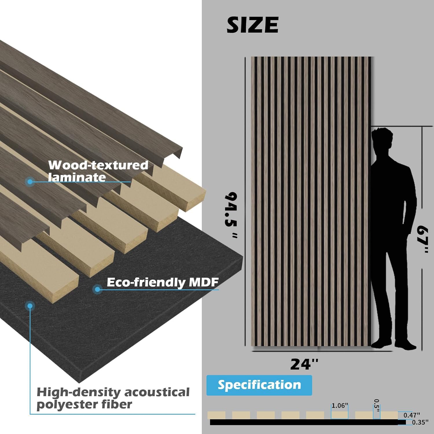 Art3d Acoustic Wood Slat Panels 94.5″x24″, 2-Pack, 31sq.ft, American Walnut