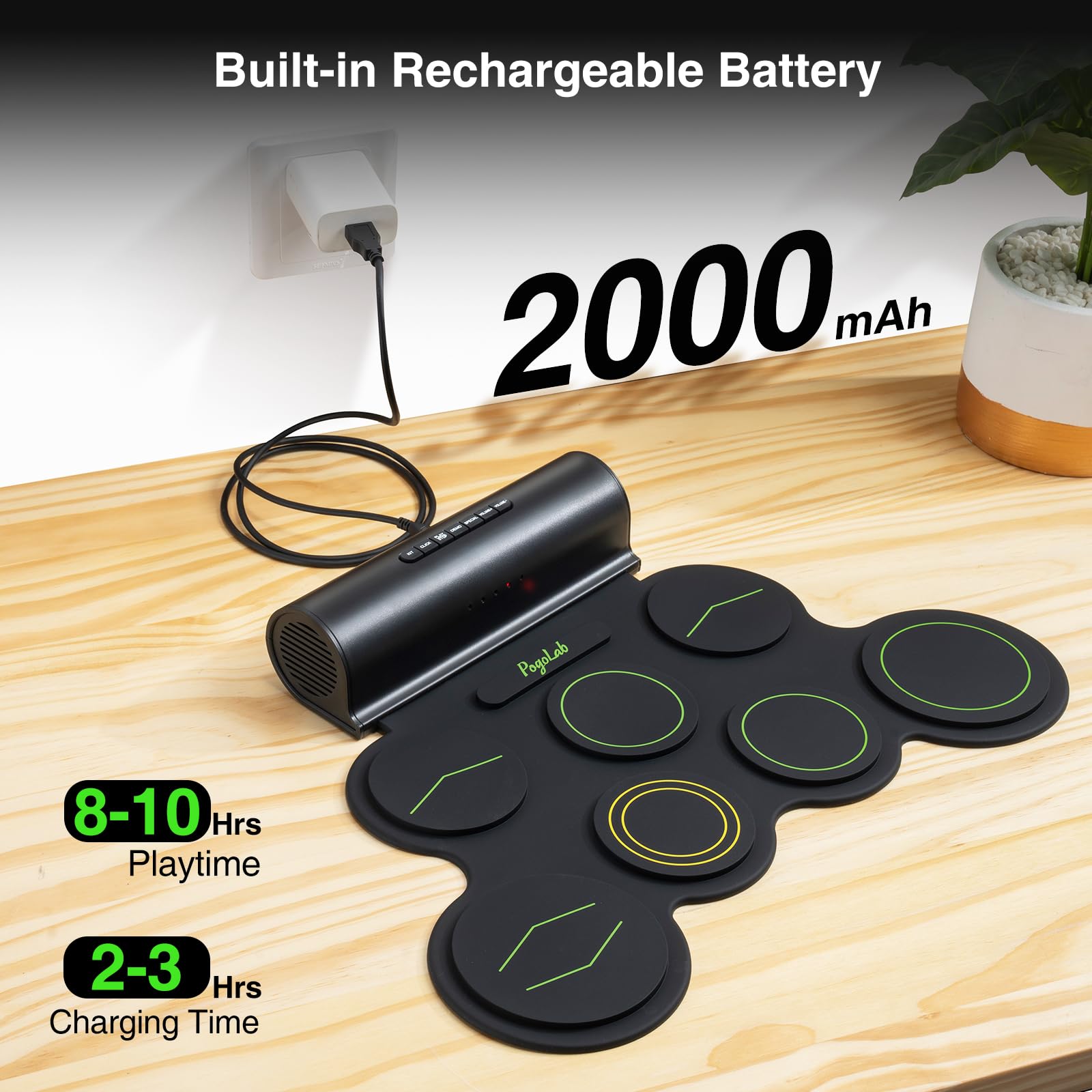 POGOLAB Electronic Drum Set, 7 Pads Roll Up Electric Drum Pad with Wireless Function, Portable Rechargeable Midi Drum Kit with Speaker/Pedals/Headphone Jack, Great Holiday Gift for Beginner (Green)