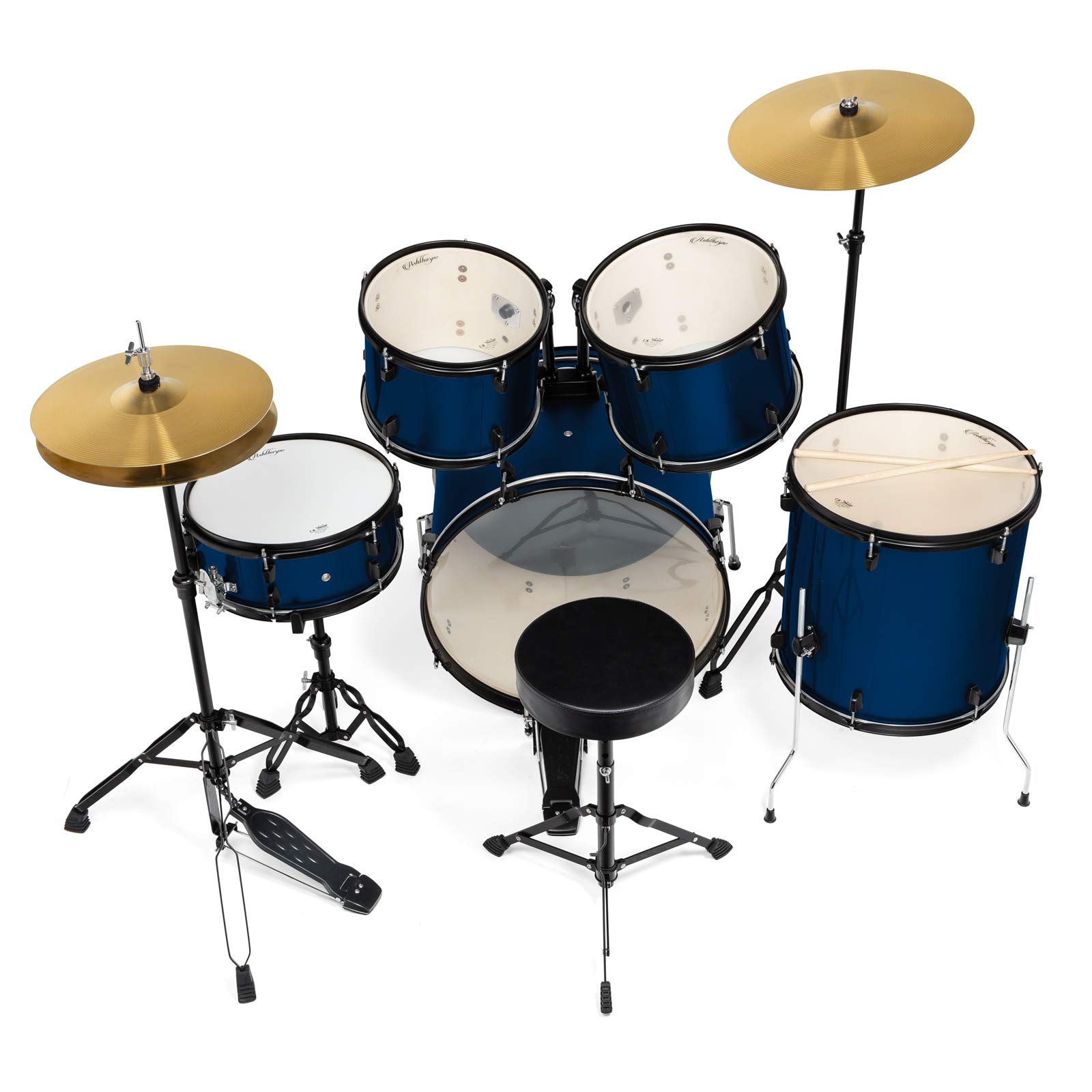 Ashthorpe 5-Piece Complete Full Size Adult Drum Set with Remo Batter Heads – Blue
