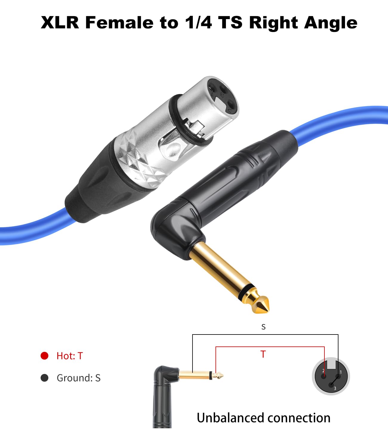 HUALEU 2Pack XLR Female to 1/4 TS Right Angle,6.35mm Mono 1/4 TS Right Angle to 3Pin XLR Female Audio Cable,20AWG 6N OFC+Silver Plated HI-END Audio Cable-6Feet