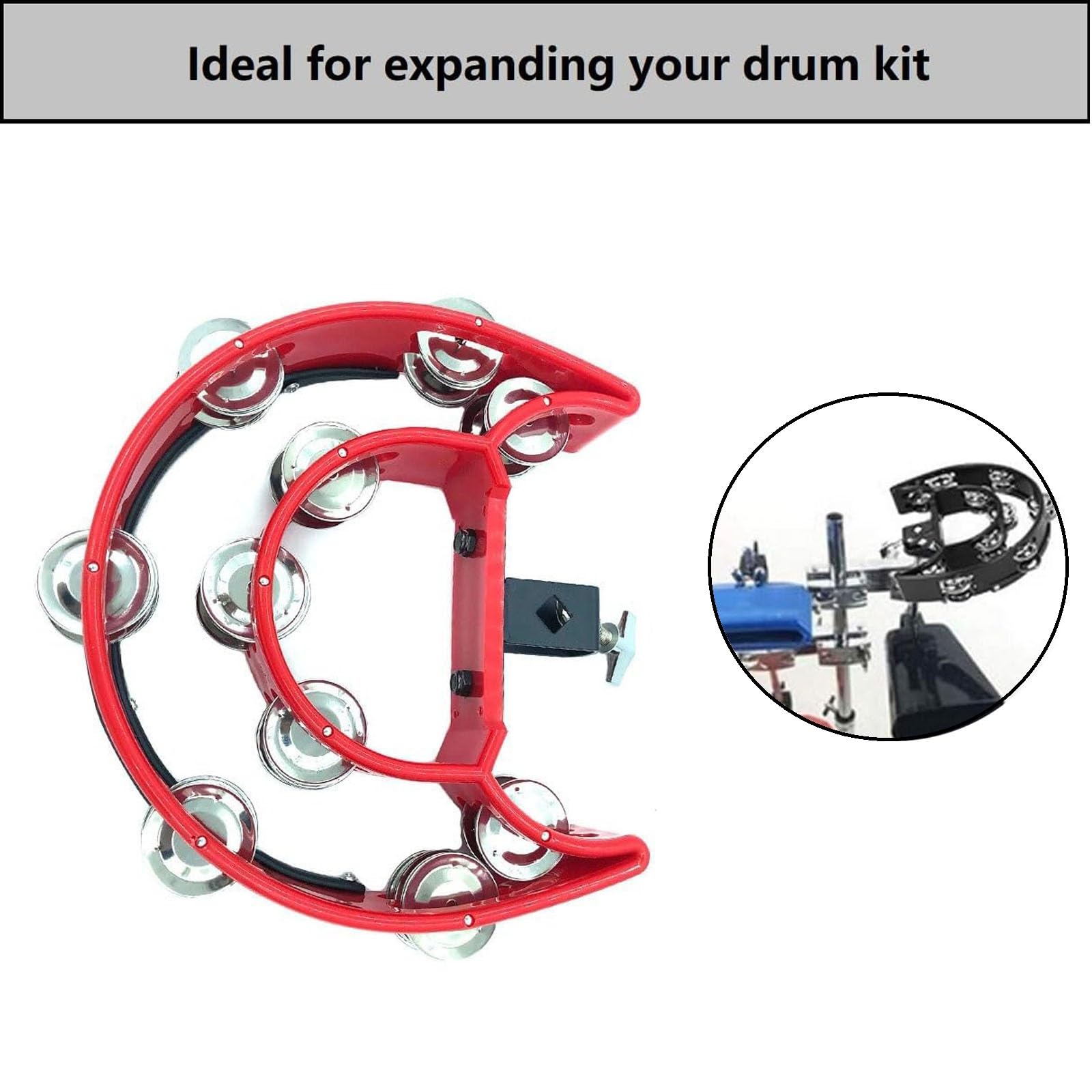 TUOREN Hi Hat Tambourine Half Moon Drum Set Mount With Double Row Bells and Mounting Eye Bolt for Drum Kit Percussion Accessories – Red