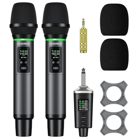 Aokeo Wireless Microphone, AK-22P Metal Wireless Mic Set with Case, Handheld Cordless Dynamic Microphones for Singing, Karaoke, Church, DJ, 130ft Range