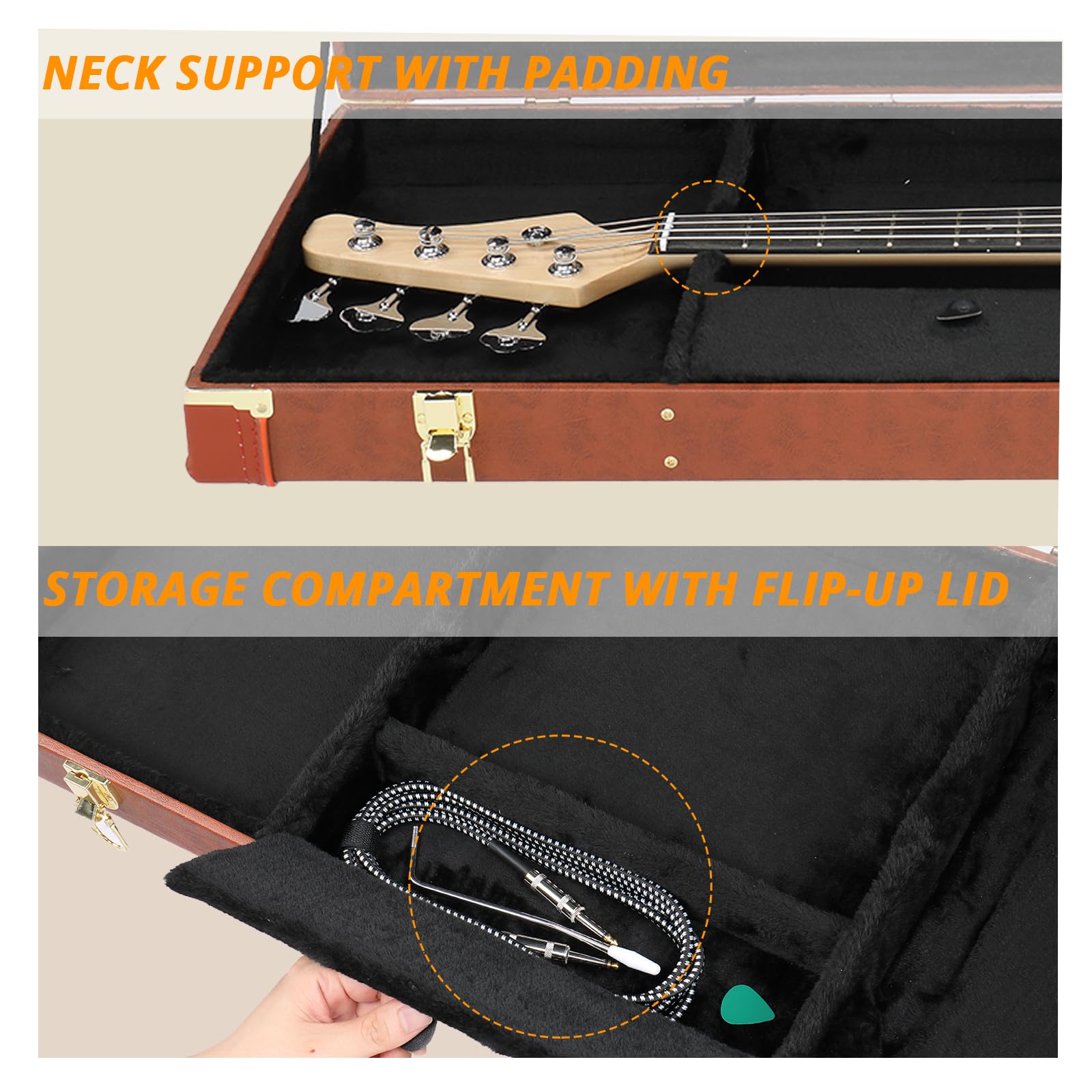 Ktaxon Bass Guitar Hard Case with Lock Latch and Soft Padding, Brown