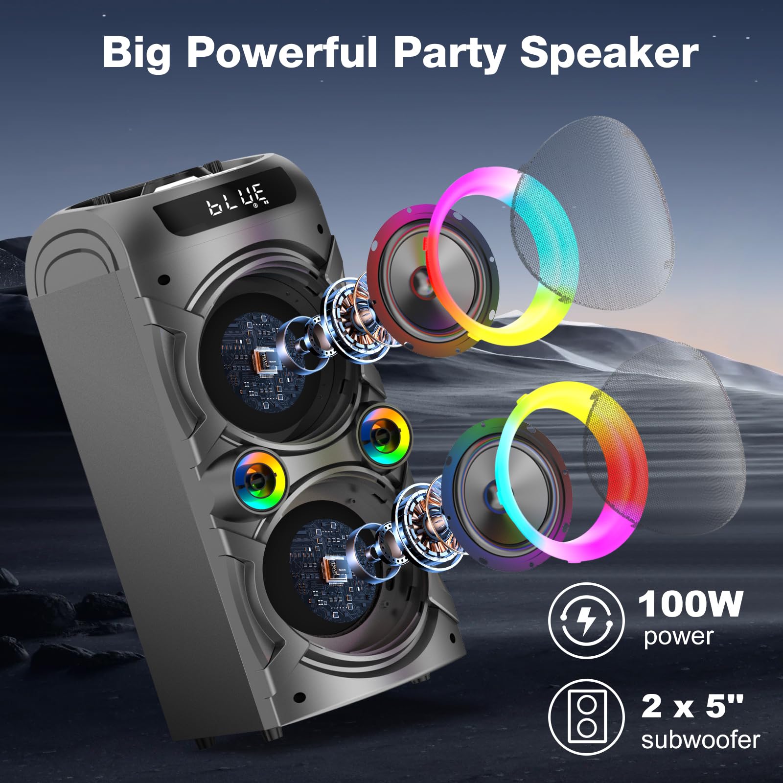 TYOTY Karaoke Machine with 2 Wireless Microphones, Portable PA System Big Bluetooth Speaker with LED Lights, Remote Control Support Bass/Treble Adjustment, TF Card/USB, REC for Adult Kids Home Party