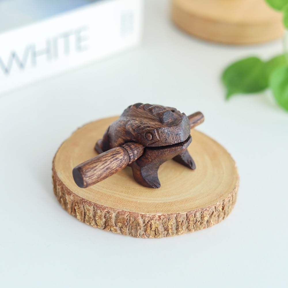 2.75 Inch Dark Brown Wooden Frog Guiro Percussion Instrument with Scraper Stick, Hand Carved Wood Frog Noise Maker for Music Education, Classroom, Meditation.