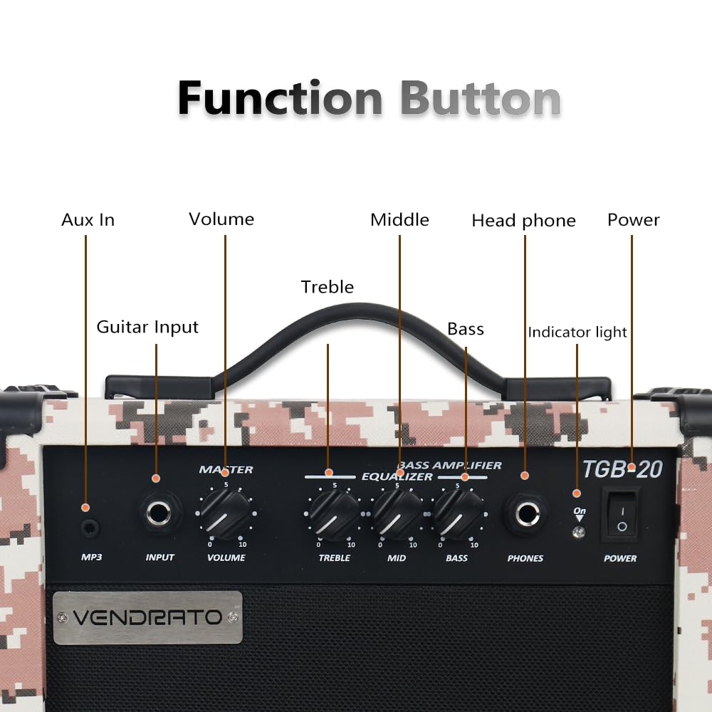 Electric Bass Guitar Amplifier 20W Amp Pixel Camo Color Aux Input Treble Middle Bass Headphone Power 6.5Inch Speaker Portable Size for Starter Beginner Practice Home and Outside
