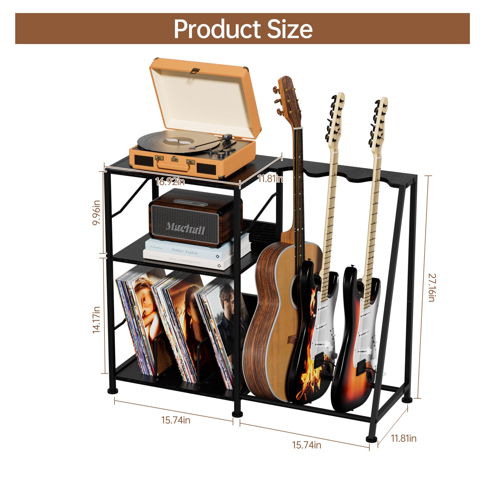 Hosfais Record Player Stand, 3 Tier Guitar Stand for Acoustic, Electric Guitar, Bass Stand, Vinyl Record Storage Up to 200 Albums, Brown Records Shelf for Living Room Bedroom (Vintage Brown)