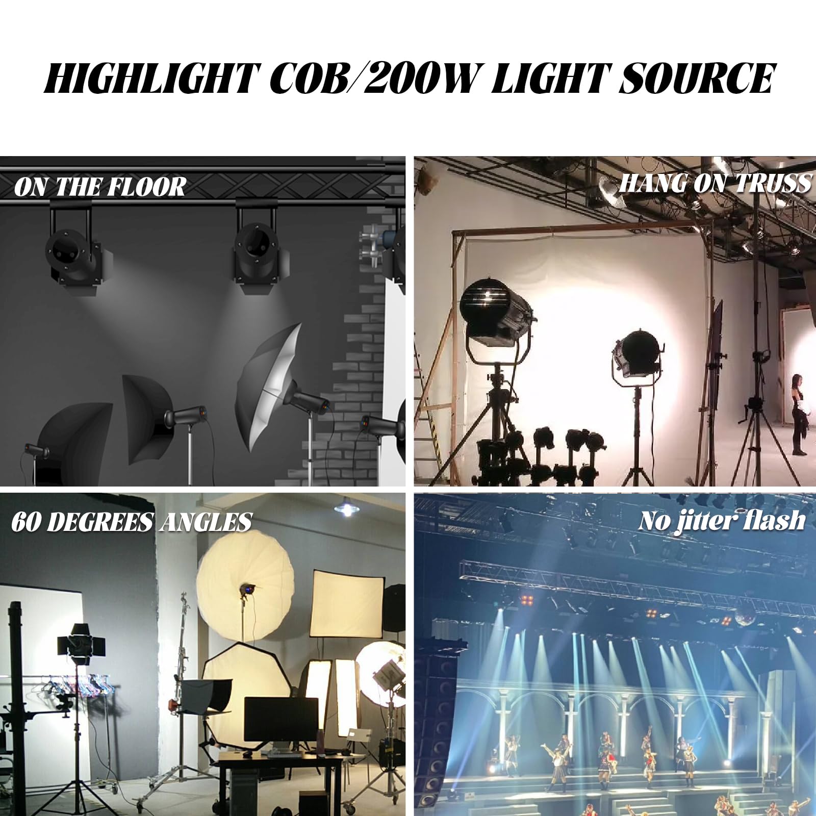 DJXFLI COB Stage Lights with Barn Doors, COB Par Light 200W LED 3500~7500K Warm White & White, DMX512 Master-Slave Sound DJ Lighting Spotlight Fresnel for Church Concert Wedding