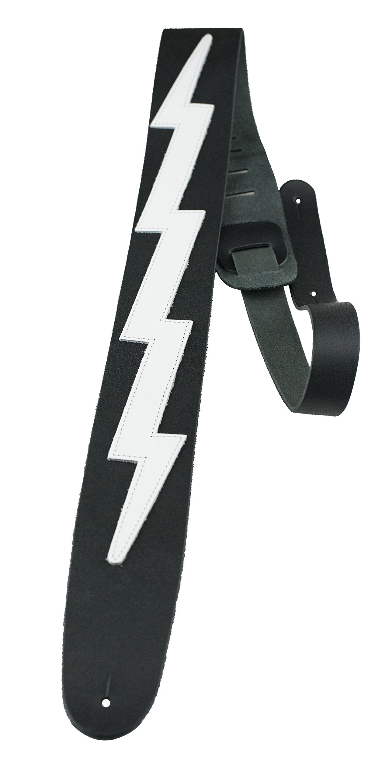 Perri’s Leathers, 41″-56″, Black & White, Bowie Style Lightning Bolt Themed, The Famous Collection Leather Guitar Strap, Adjustable, Durable Design, Acoustic & Bass Guitar Straps for Electric