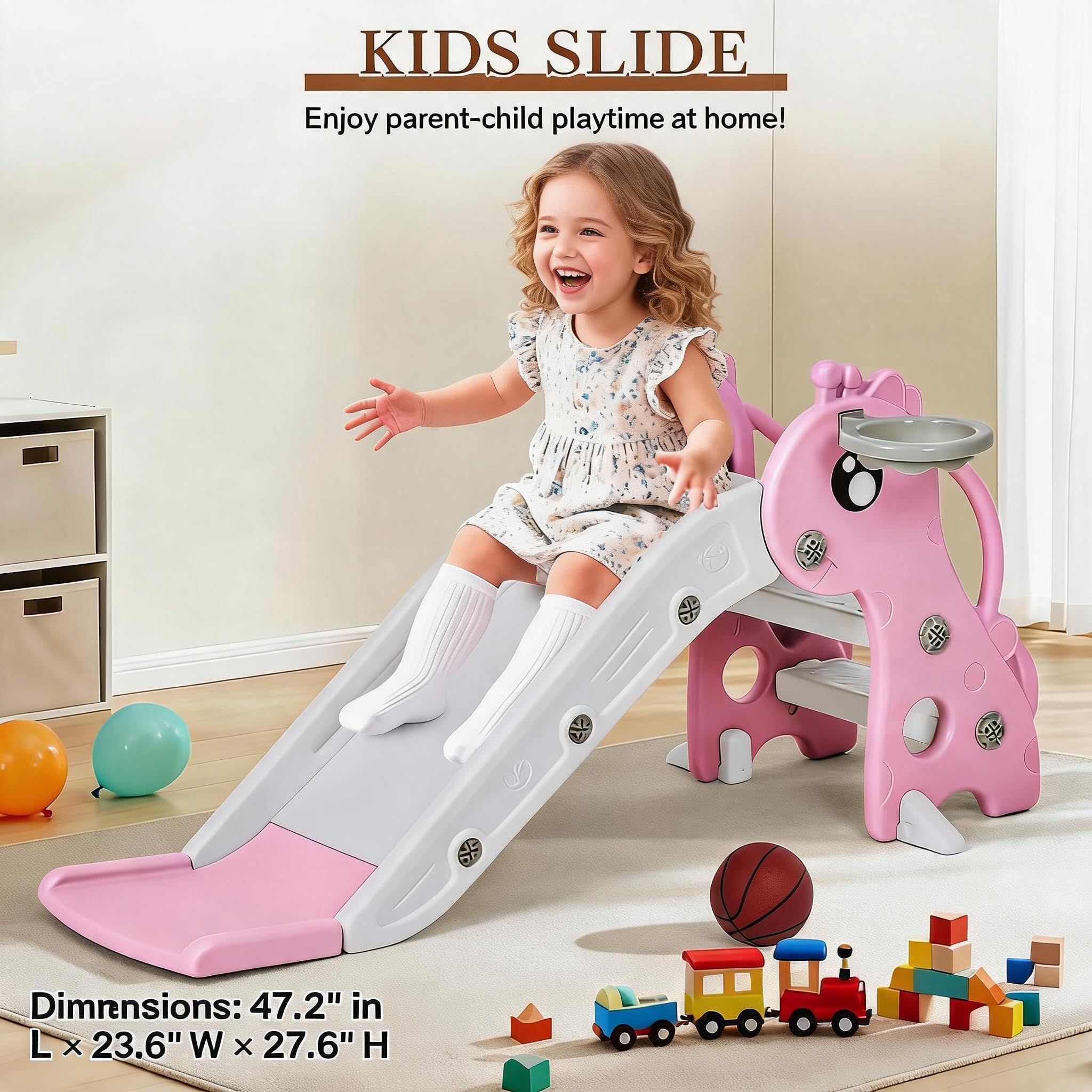 Toddler Slide for Age 1-3 Kids Slide Playset with Basketball Hoop