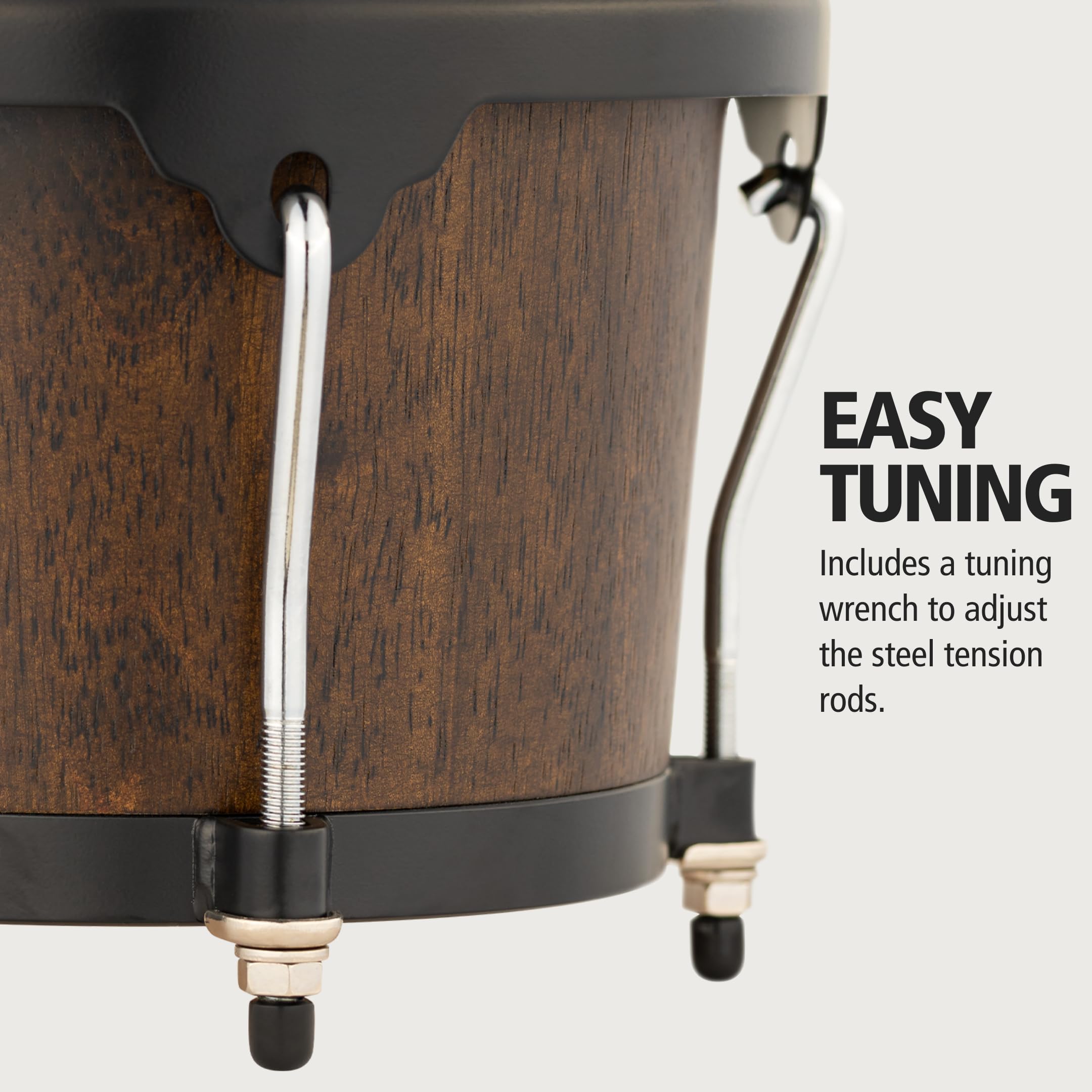 Bongos with Rubberwood Stave Shells, Headliner Series — NOT MADE IN CHINA — Natural Buffalo Skin Heads, 2-YEAR WARRANTY