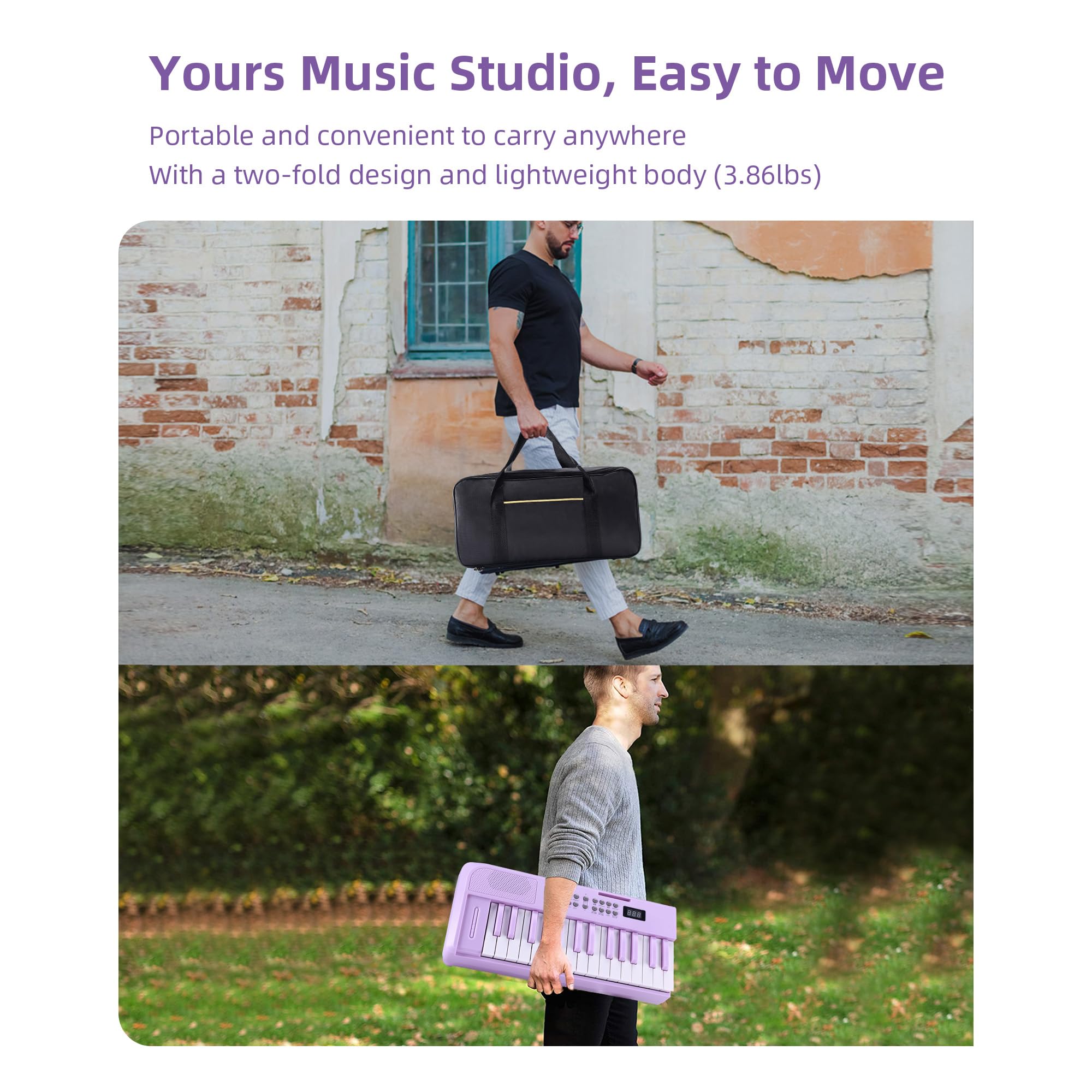 ADM 61 Key Folding Electric Piano Keyboard, Foldable Electronic Keyboard, Wireless 128 Tones, 128 Rhythms Includes Pedal, Gig Bag, Headphones for Beginners, Students, Teenagers, Adults, Purple
