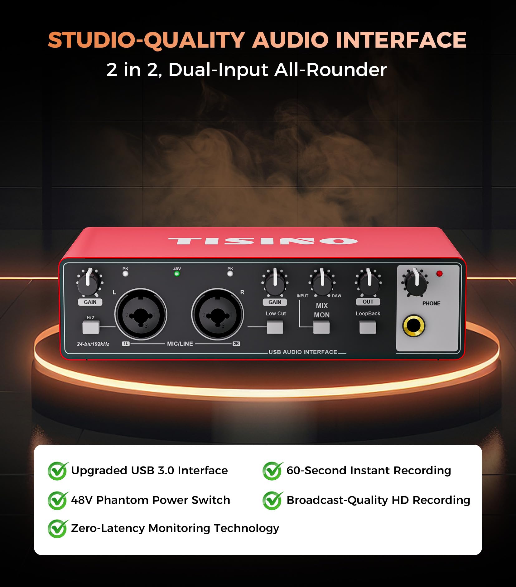 Tisino 24Bit/192kHz USB Audio Interface for Studio Recording, Red