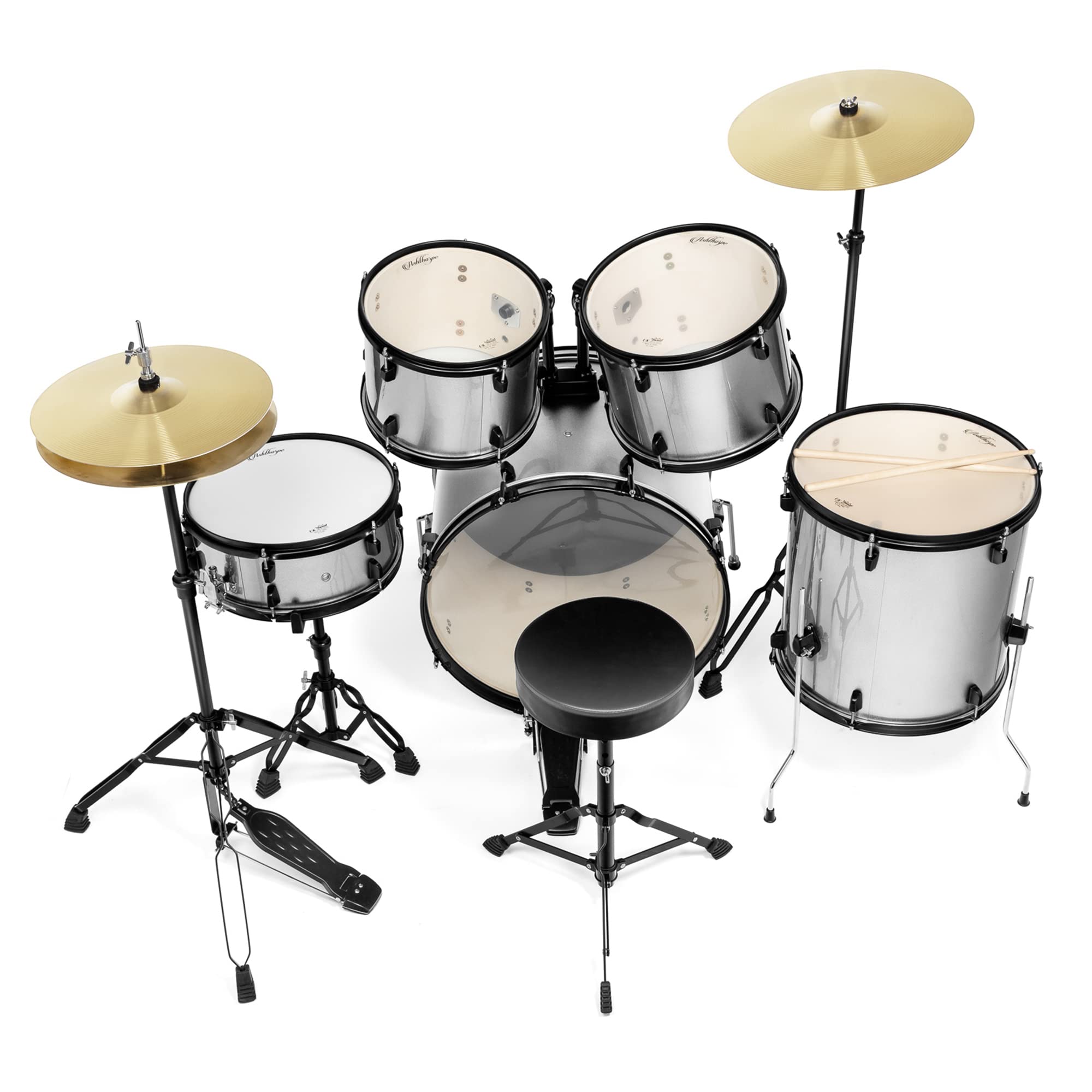 Ashthorpe 5-Piece Complete Full Size Adult Drum Set with Remo Batter Heads – Silver