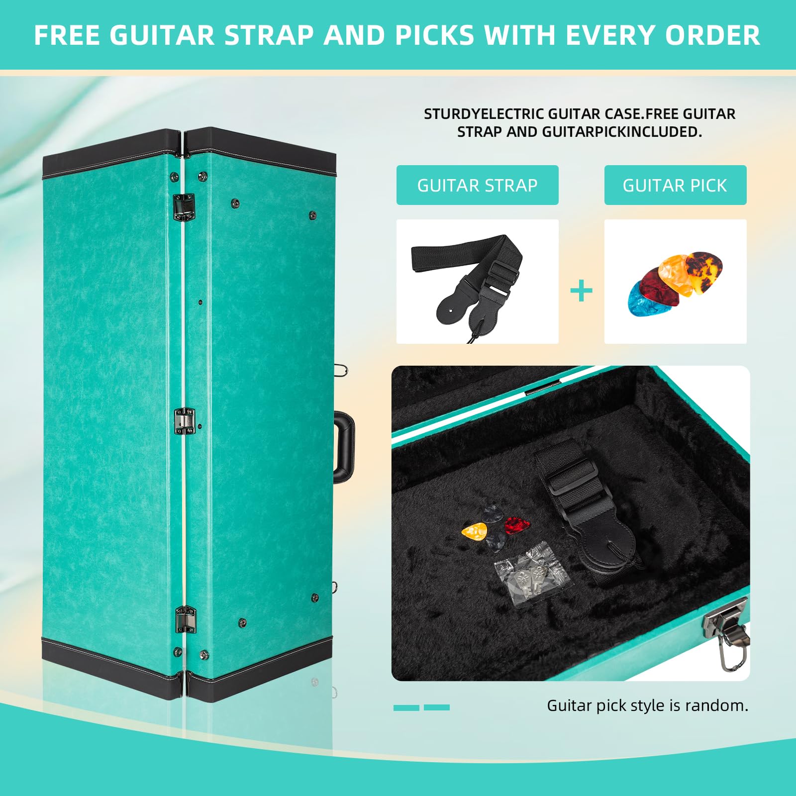 TIUNASIN Electric Guitar Hard Case for 39-Inch ST Electric Guitars, Green Denim Leather Trim Design | Rectangle Wooden, Hard Shell Protective Guitar Case with Lock Latch and Padding